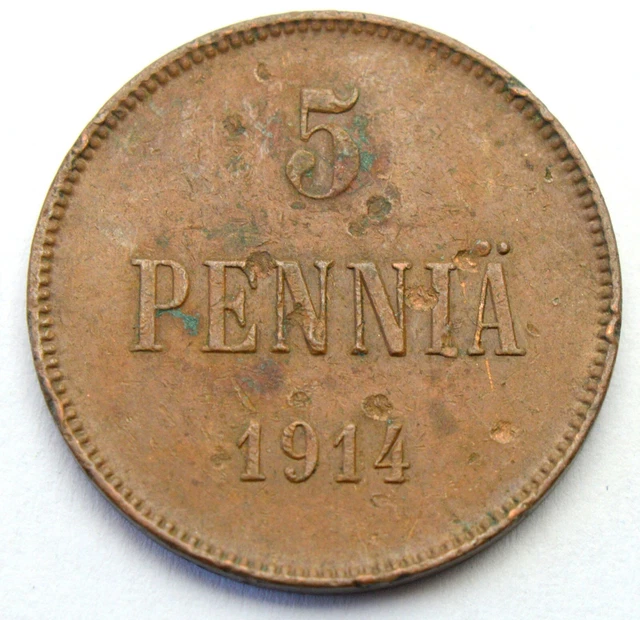 Russia Finland 5 Pennia 1914 Nicholas Ii Old Coin