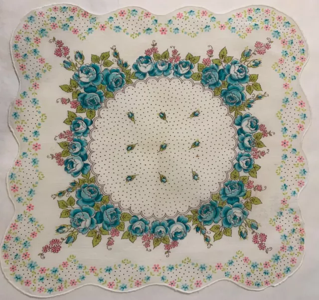 Vintage 12” turquoise rose scalloped edge on white linen handkerchief unsigned