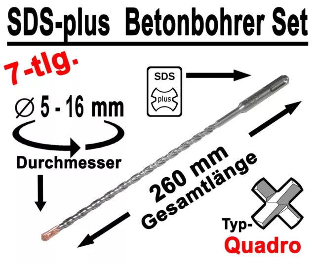 7 tlg SDS-plus Betonbohrer Satz Quadro Bohrer Hammerbohrer 5 - 16mm x 260mm Lang 3