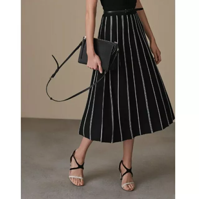 £145 Reiss Black White Striped Willow Knitted Pleated Midi Skirt 6 High Waisted