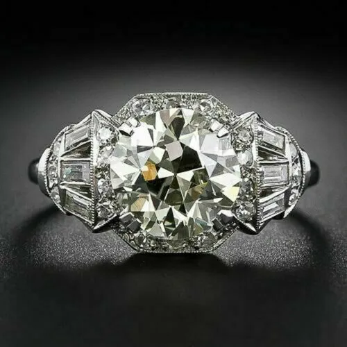 3.16CT White Round Cut Lab Created Diamond Art Deco Ring 14K White Gold Finish 2