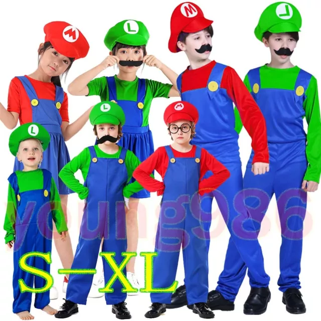 Kinder Super Mario & Luigi Spiel Cosplay Kostüm Karneval Fasching mit Hut&Bart