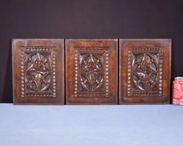 *Set of 3 Antique French Gothic Revival Panels in Solid Oak Wood with Carvings