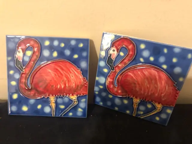 Two  Coasters With Flamingos And  Art Decor Ceramic Tile