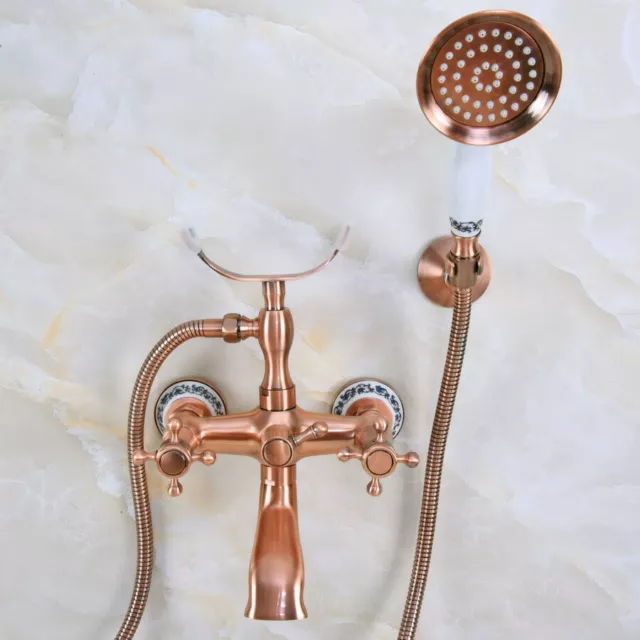 Wall Mount Bathtub Faucet Antique Red Copper Mixer Tap with Hand Shower Spray