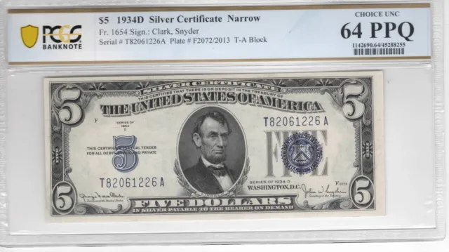 1934D 5$ Five Dollar Silver Certificate PCGS 64 PPQ
