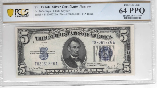 1934D 5$ Five Dollar Silver Certificate PCGS 64 PPQ