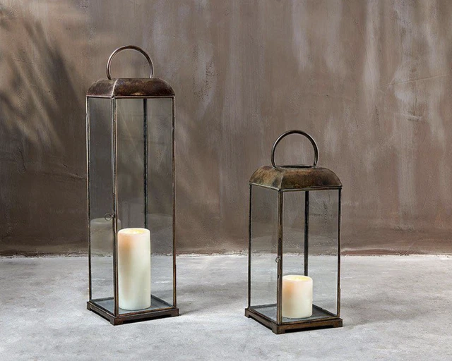 Antique Brass Candle Lantern, Tall Slim Glass Arched Candle Holder, Kaso