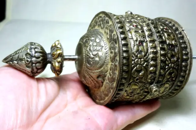 Tibetan Prayer Wheel Antique Silver Repousse Prayer Scroll Tibet #