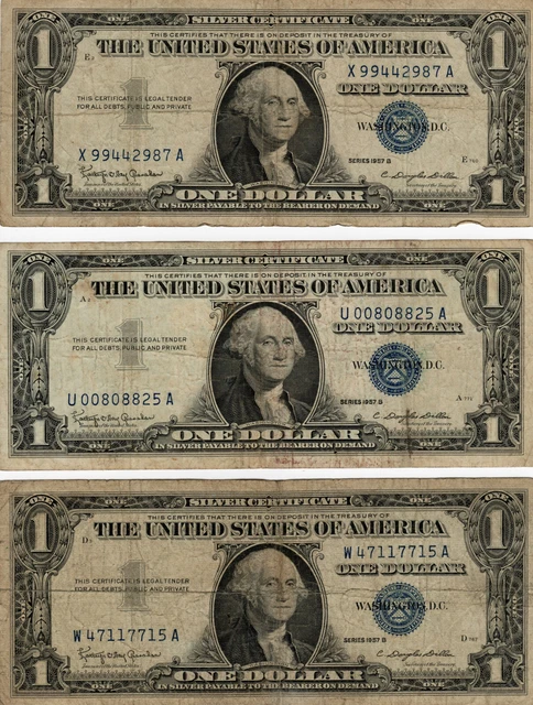 1957B One Dollar Well Circulated Silver Certificate Note - $1 Bill (QTY 3)