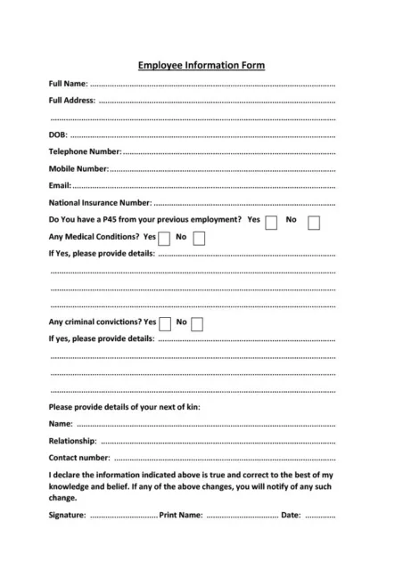 Employee Information Form PDF printable A4