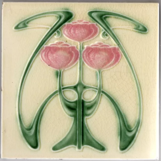Very Stylish Rose & green Art Nouveau original period majolica tile