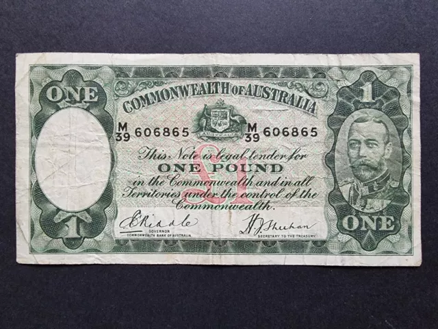 Australian 1933 KGV RIDDLE SHEEHAN - £1 one Pound Banknote R28 Scarce note