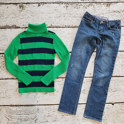 GAP KIDS Girls Green Blue Striped Sweater and Denim Skinny Jeans 10 Large  EUC