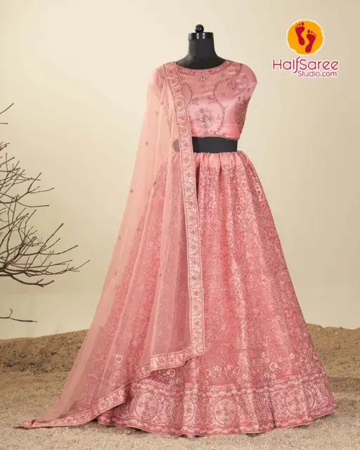 Designer Lehenga For Women Peach Color Choli With Dupatta Set Modern Style Gift