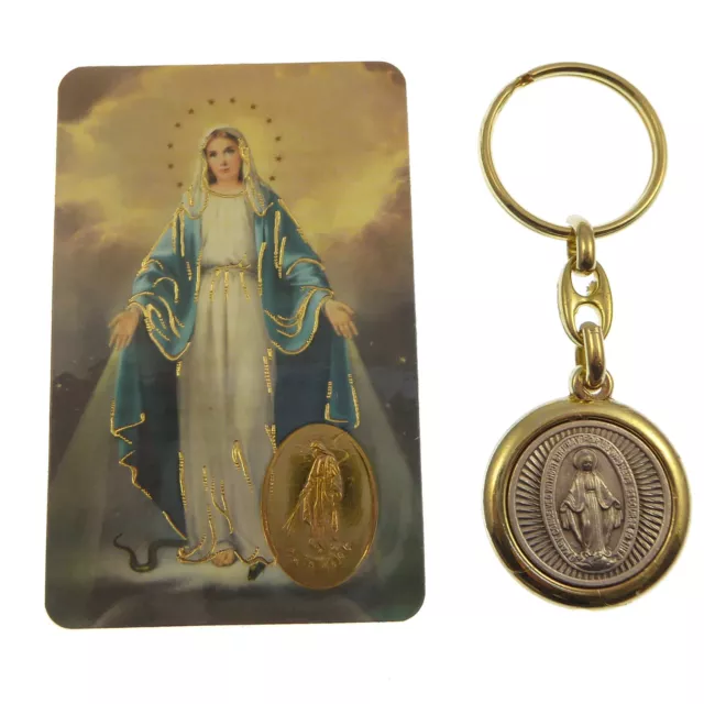 Virgen María Milagroso Latón Y Plata Llavero Con Memorare Oración Tarjeta
