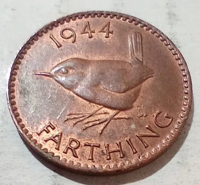 1944 UK Great Britain Farthing Wren Bird Coin King George VI WWII 1/4 Penny