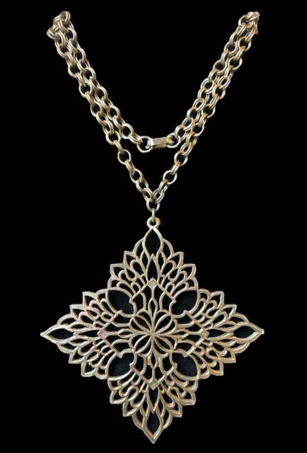 Vintage Necklace Gold Tone Modernist Diamond Shaped Ornate Flower Large