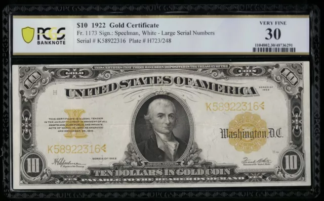 SC 1922 $10 Fr.1173 PCGS 30 Very Fine Gold Certificate (316)