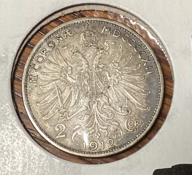 Austria 1912 Franz Joseph I 2 Corona Silver Coin (XF Nice Toned)