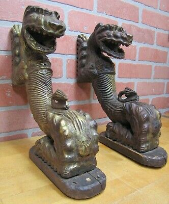 2 Old Hand Carved GRIFFINS BEASTS DRAGONS MONSTERS Wooden Architectural Hardware