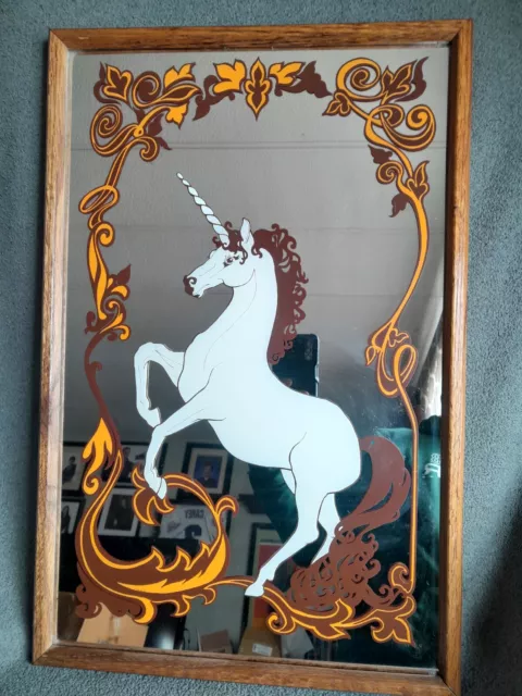 Very Rare 1978 Vintage Silk Screened Unicorn Mirror Oak Frame Art Piece 23x15