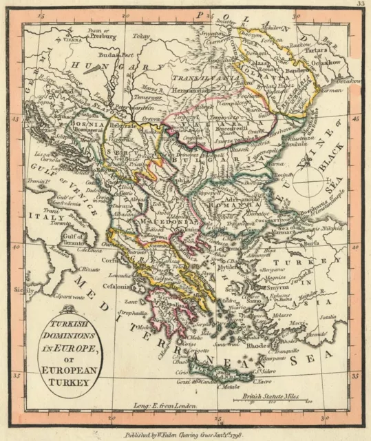 Antike Karte ""Türkische Herrschaften in Europa oder europäische Türkei"" W.Faden, 1798