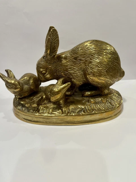 Rare Sculpture Art Solid Brass Mother Rabbit w/ Baby Bunnies Paperweight  6" VTG