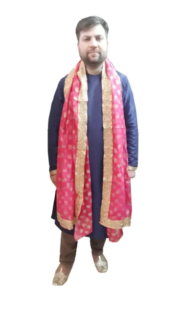 Men Wedding Stole Groom Indian Dupatta  Handmade Silk Traditional Pink Scarves