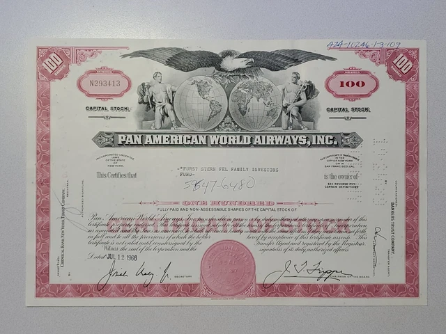 Pan American World Airways Cancelled Stock Certificate