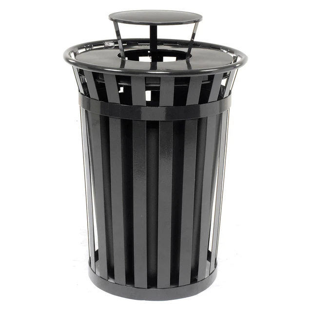 36 Gallon Outdoor Metal Slatted Trash Receptacle with Rain Bonnet Lid, Black