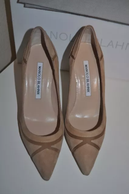 Manolo Blahnik DASTI Bicolor Patchwork Pointy Toe Pump Heel Shoe Camel Suede 34 3