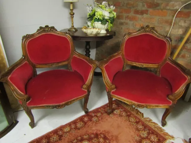 Superb Quality 19Th Century French Walnut Part Gilt Pair Beautifully Arm Chairs