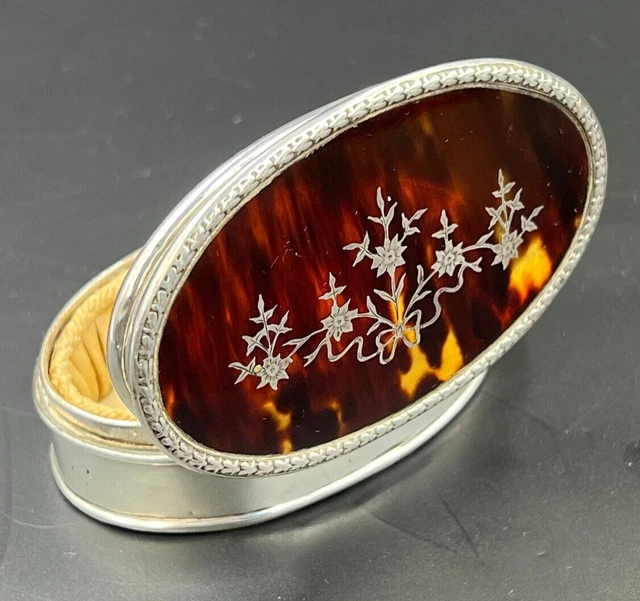 Scatola ovale antica argento e finto guscio di tartaruga 1909 intarsiata decorazione floreale argento
