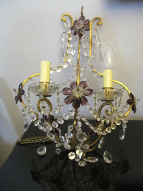 Vintage French Amethyst Flowers Crystal Beaded Chandelier Gold Gilt Wall Sconce