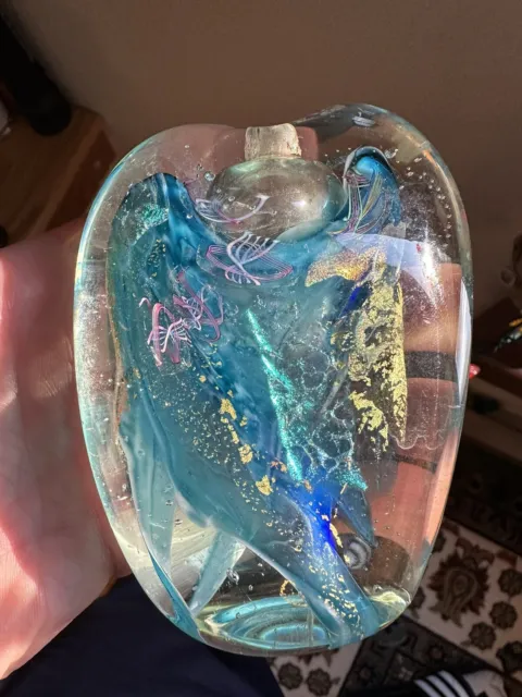 Hand Blown Glass Vase • Blue Swirl Design • 3.75 inches • Gold & Pink