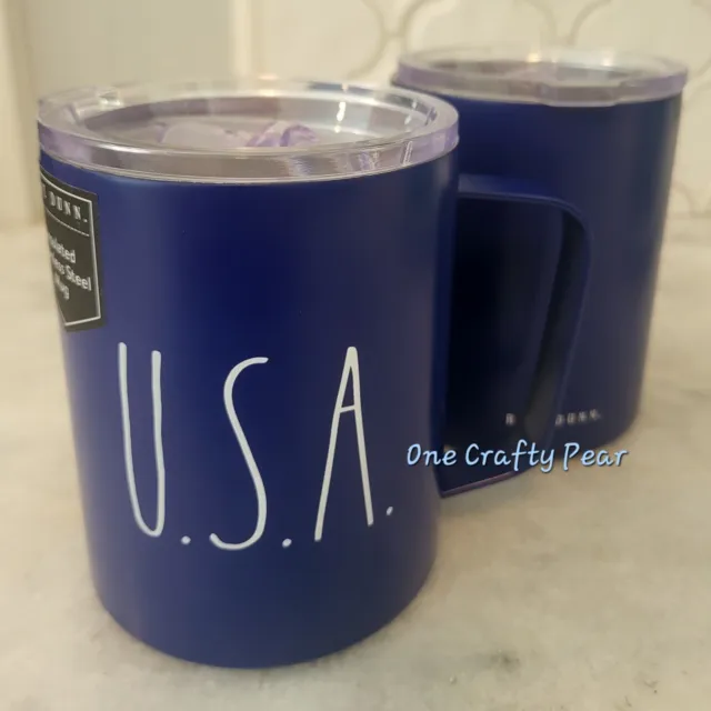 Rae Dunn USA Travel Mug Insulated Stainless Steel tumbler w/ lid & handle 12oz