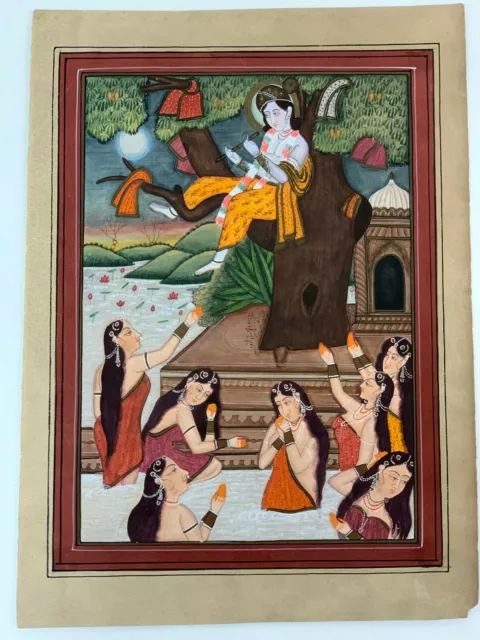 Indien École Rajasthan Krishna Image Gopis Gouache Peinture Antique