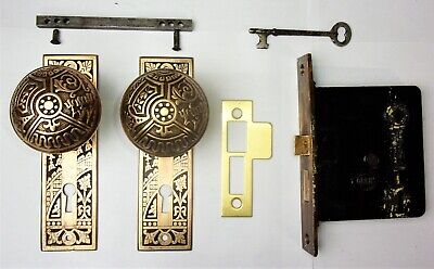 Antique Set EASTLAKE VICTORIAN AESTHETIC Backplates Door Knob Mortise Lock w Key