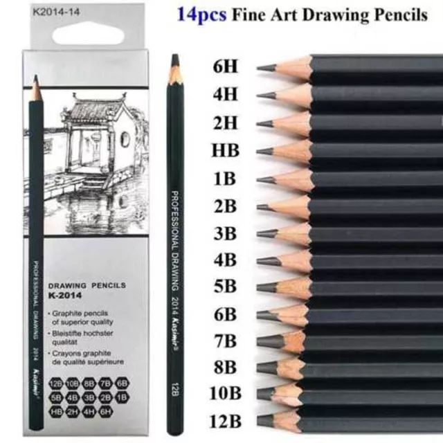 14 Pcs Art Drawing Sketch Graphite Pencil 6H 4H 2H HB B 2B 3B 4 B 5B 6B 7B 8-12B