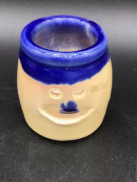 Unique Handmade Brown's Pottery Face Toothpick Holder Blue Beige Glaze 3”