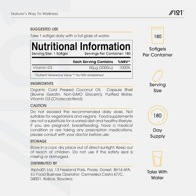VITAMIN D3 2000IU Enhanced with Coconut Oil 6 Months Supply 180
