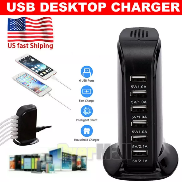 Cargador De Torre 6 Puertos USB 30W Para Celulares Pared Carga Rapida Portatil