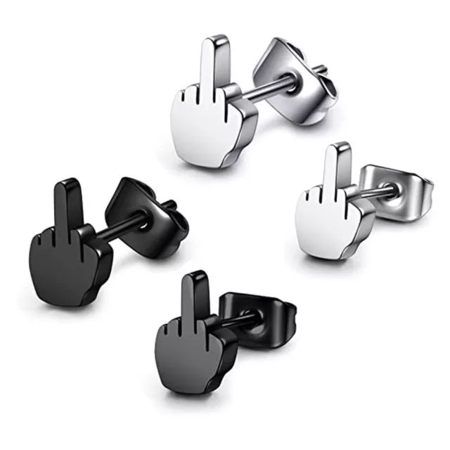 2Pcs Stainless Steel Black Middle Finger Up Women Men Ear Jewelry Studs Earring