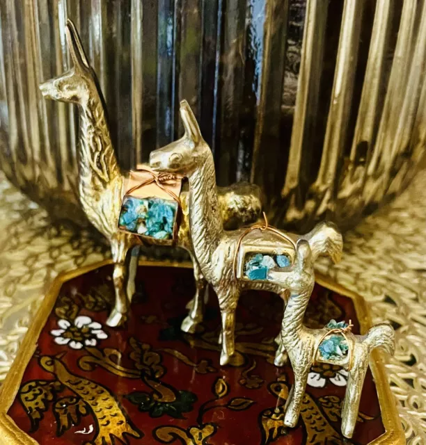 3 Vintage Peru Llama Alpaca Family Brass/Copper/Turqoise Miniature Figurines