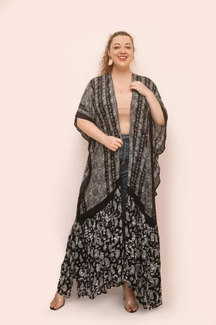 Plus Size Boho Ruffle Festival Paisley Floral Black Kimono Maxi Duster