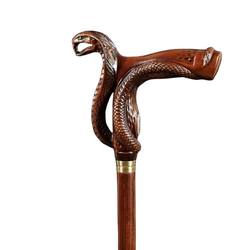 Canne De Marche Vintage Bois Et Laiton - Tête De Serpent - Fabriquée En Inde