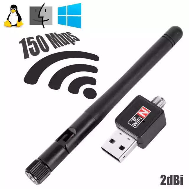 Antena WIFI USB Adaptador 150Mbps 2dBi LAN Wireless Potencia Largo Alcance Negra