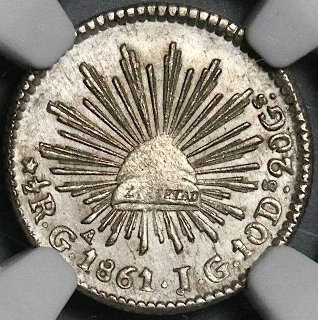 1861-Ga NGC MS 63 Mexico 1/2 Real Guadalajara Cap Rays SIlver Coin (22041402C)