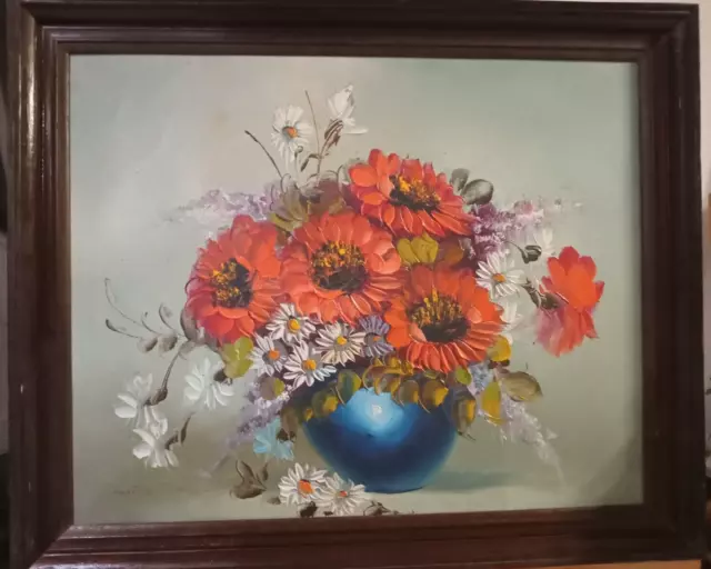 Vintage oil painting on canvas still life flowers framed signed